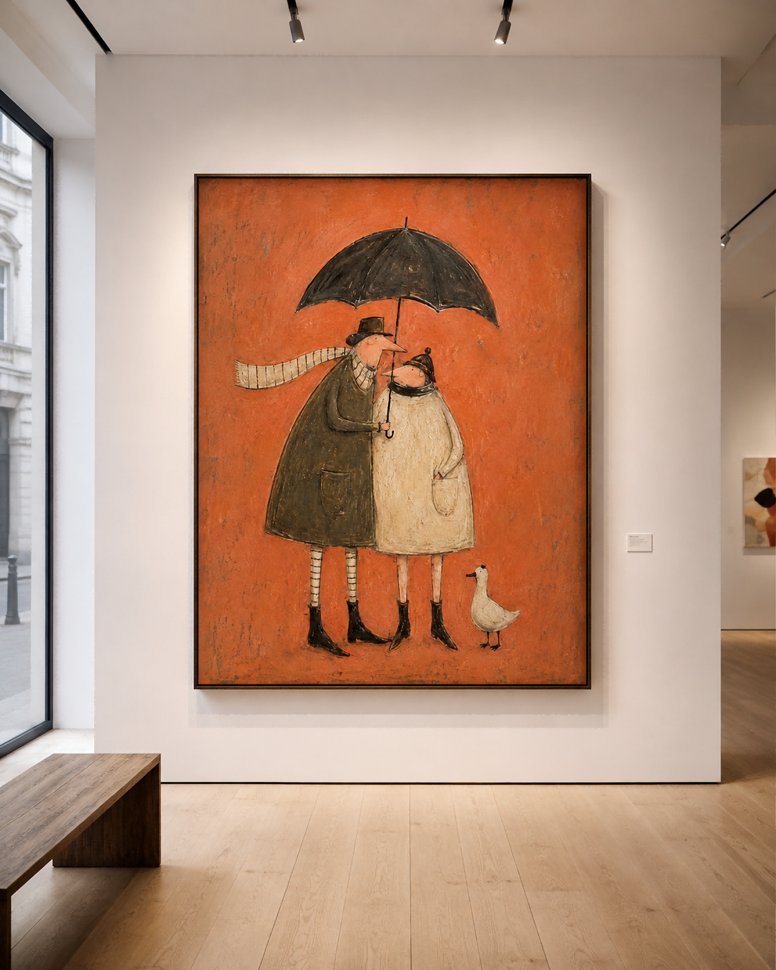 Vintage Couple With Umbrella And Duck Hand-Painted Canvas Wall Art In Warm Orange Tones