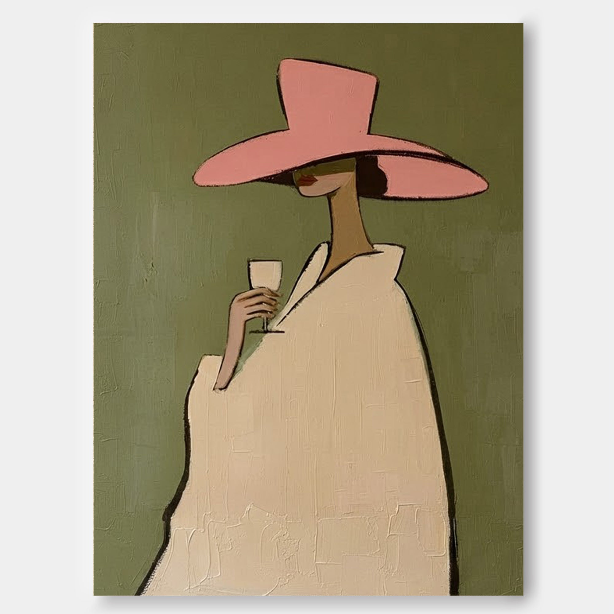 Original Oil Painting Of Elegant Lady With Wine Glass On Canvas