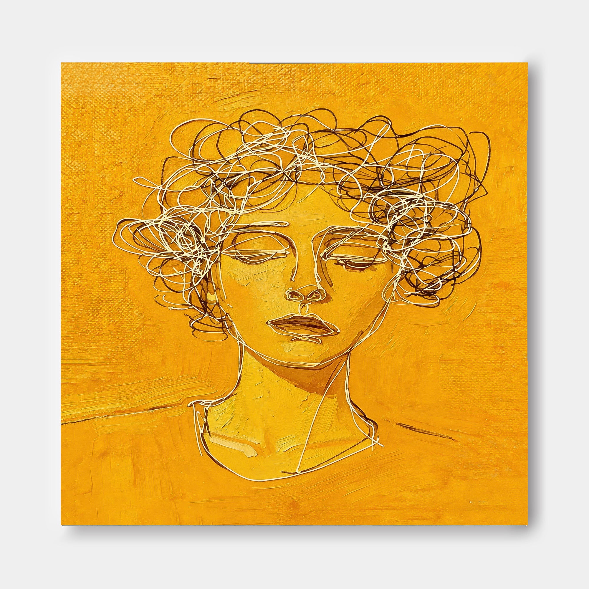 Modern Minimalist Face Line Art Painting With Golden Hue For Contemporary Home Decor