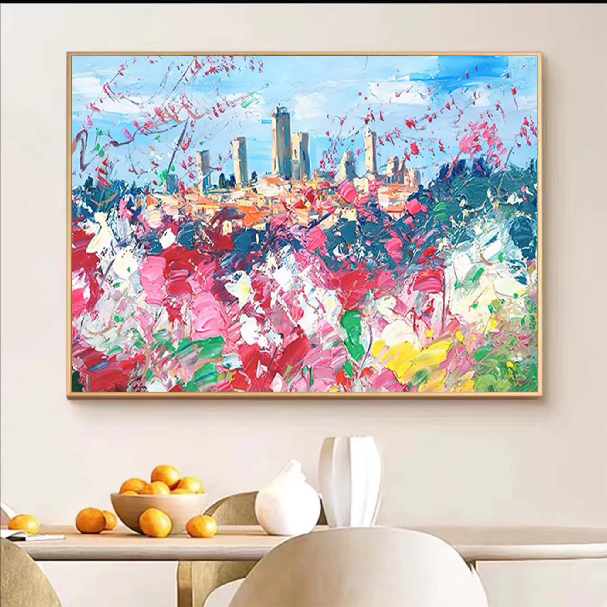 Modern Abstract Cityscape Oil Painting Large Flowers Texture Painting On Canvas Blue Pink Wall Art Living Room Decoration