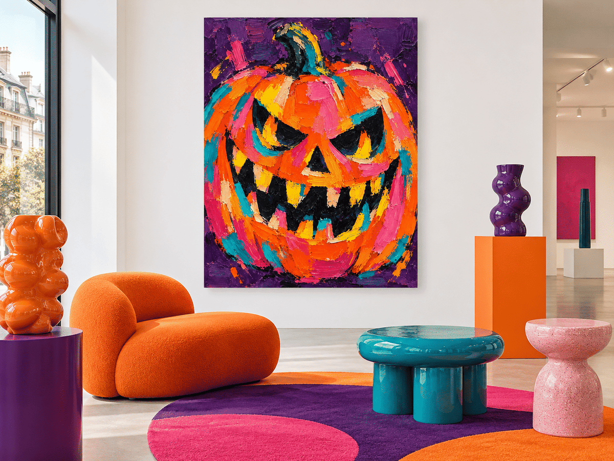 Hand-Painted Abstract Pumpkin Canvas Art With Bold Orange And Purple Colors
