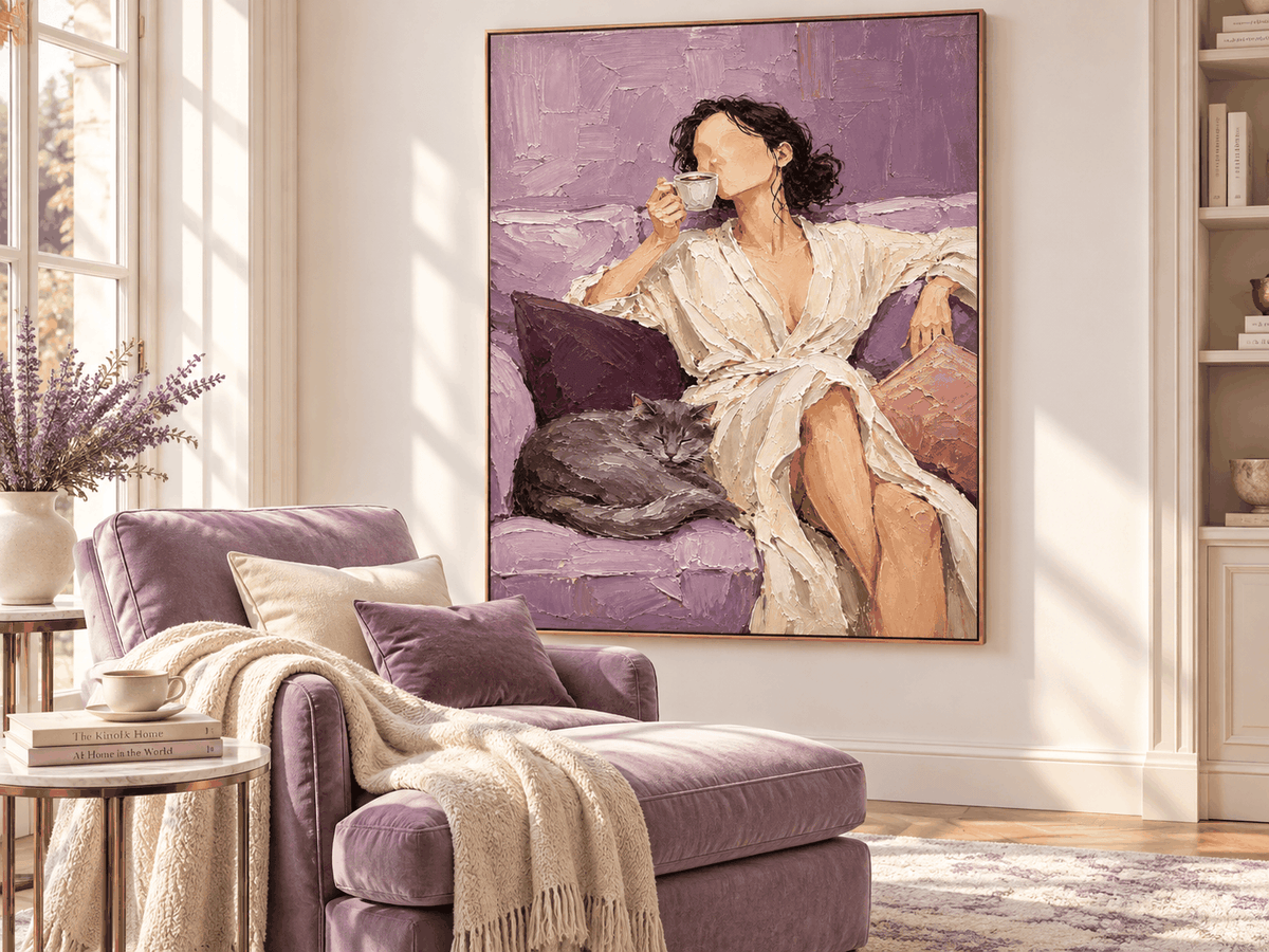 Impressionist Textured Art Vintage Style Purple Canvas Painting Woman With Cat Coffee Hand-Painted Canvas Art