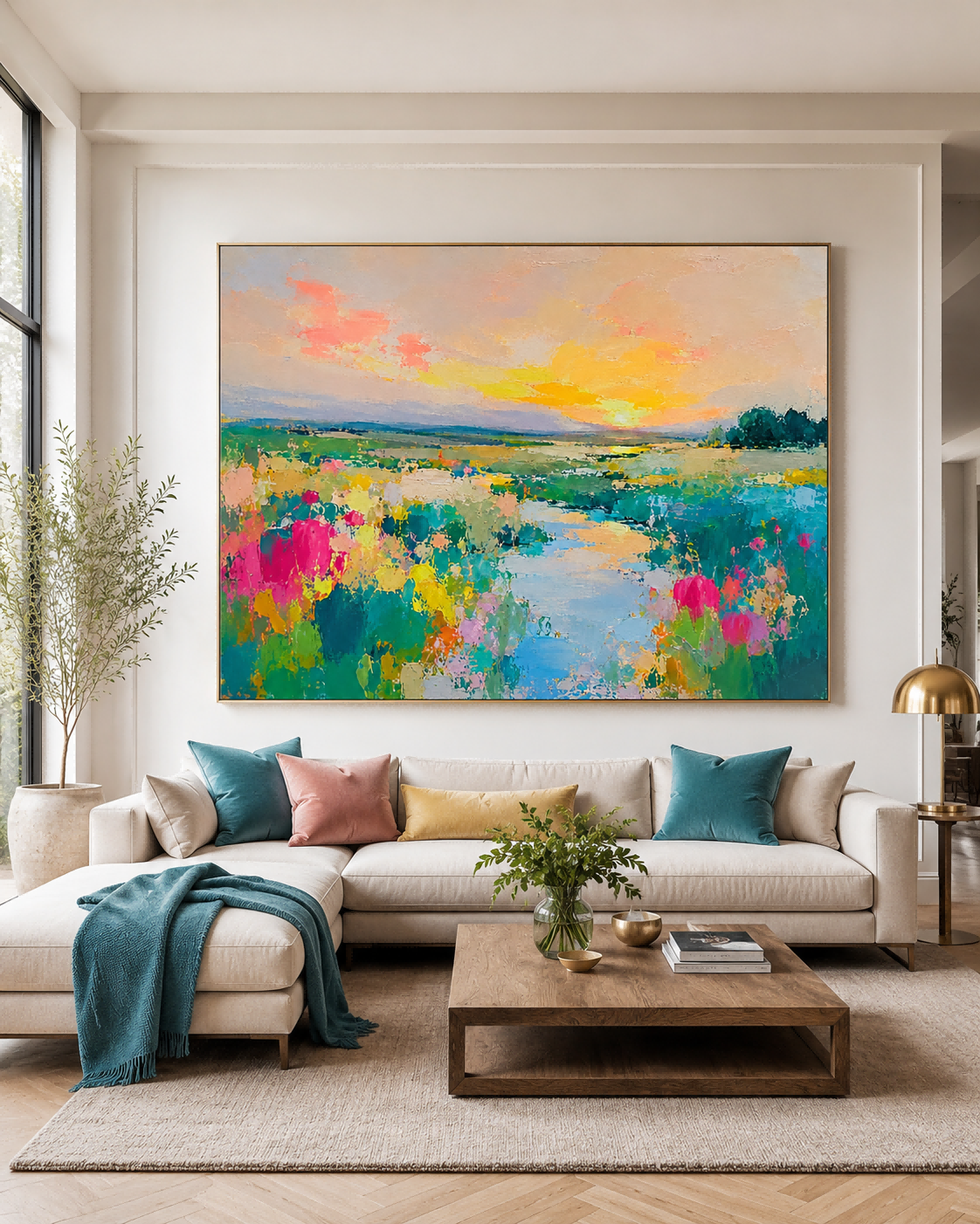 Colorful Floral Landscape Hand-Painted Canvas Art With Warm Sunset Tones