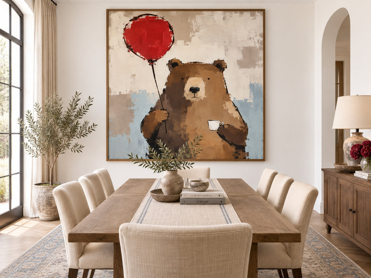 Hand-Painted Minimalist Brown Bear With Red Balloon Canvas Art