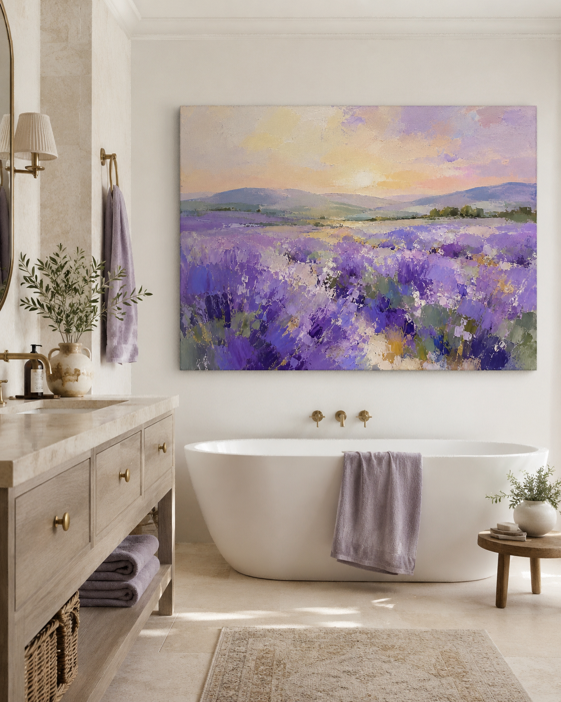 Hand-Painted Lavender Field Landscape Canvas Art With Sunset Mountains