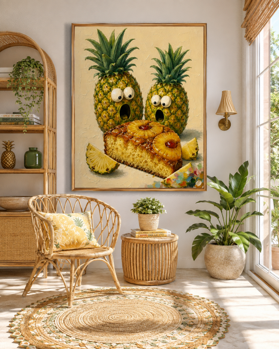 Surreal Pop Art Pineapple Surprise Square Canvas Painting Warm Tones For Eclectic Dining Room And Lounge Areas