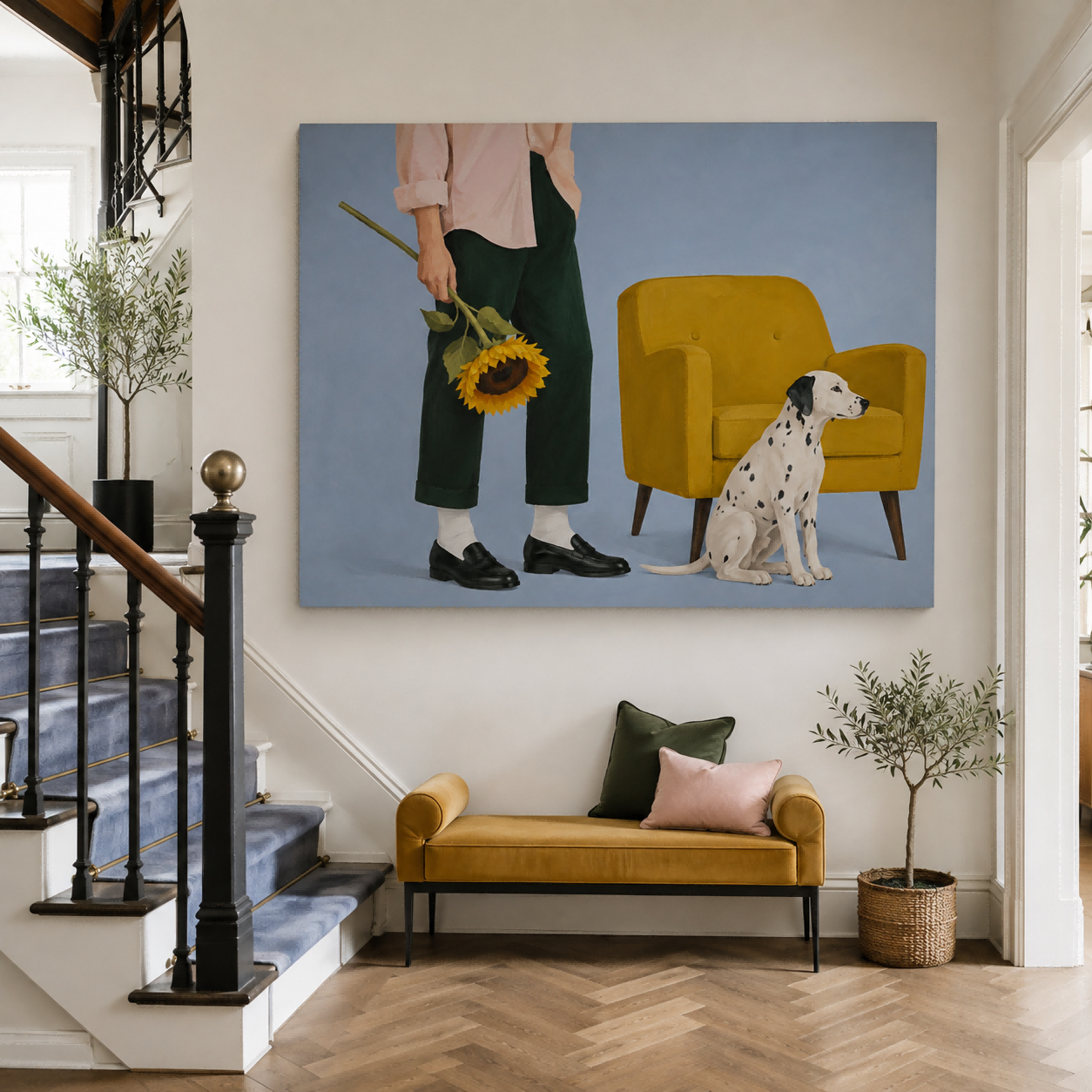 Modern Minimalist Figurative Oil Painting With Warm Tones Hand-Painted Canvas Of Man With Sunflower And Dog