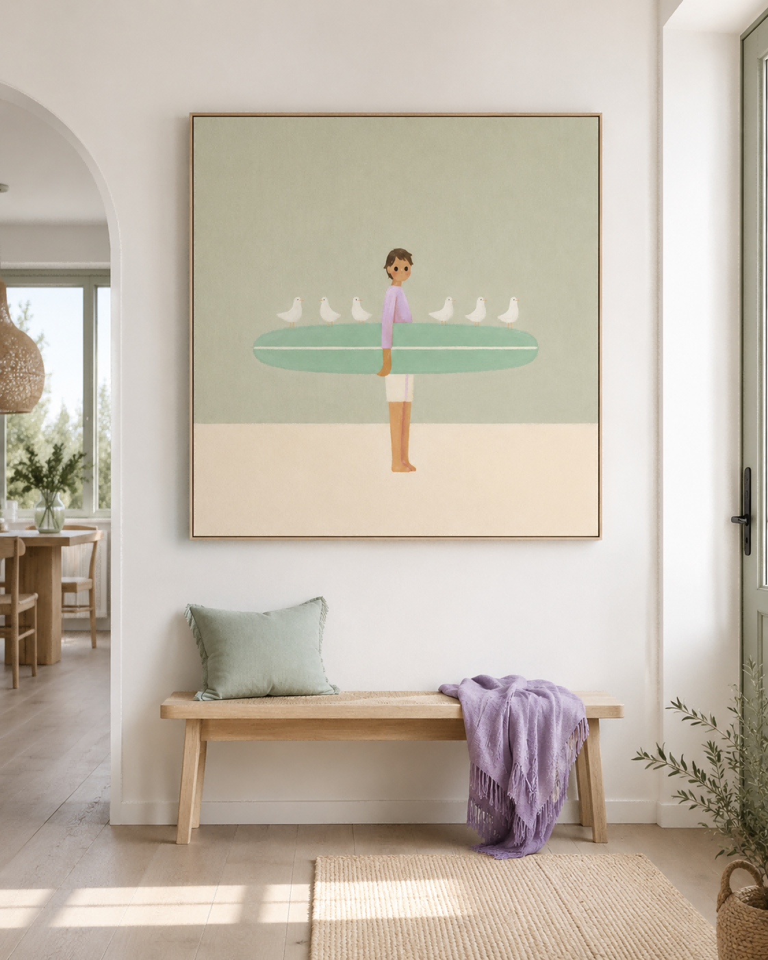 Hand-Painted Surfer With Seagulls On Mint Board Modern Canvas Art