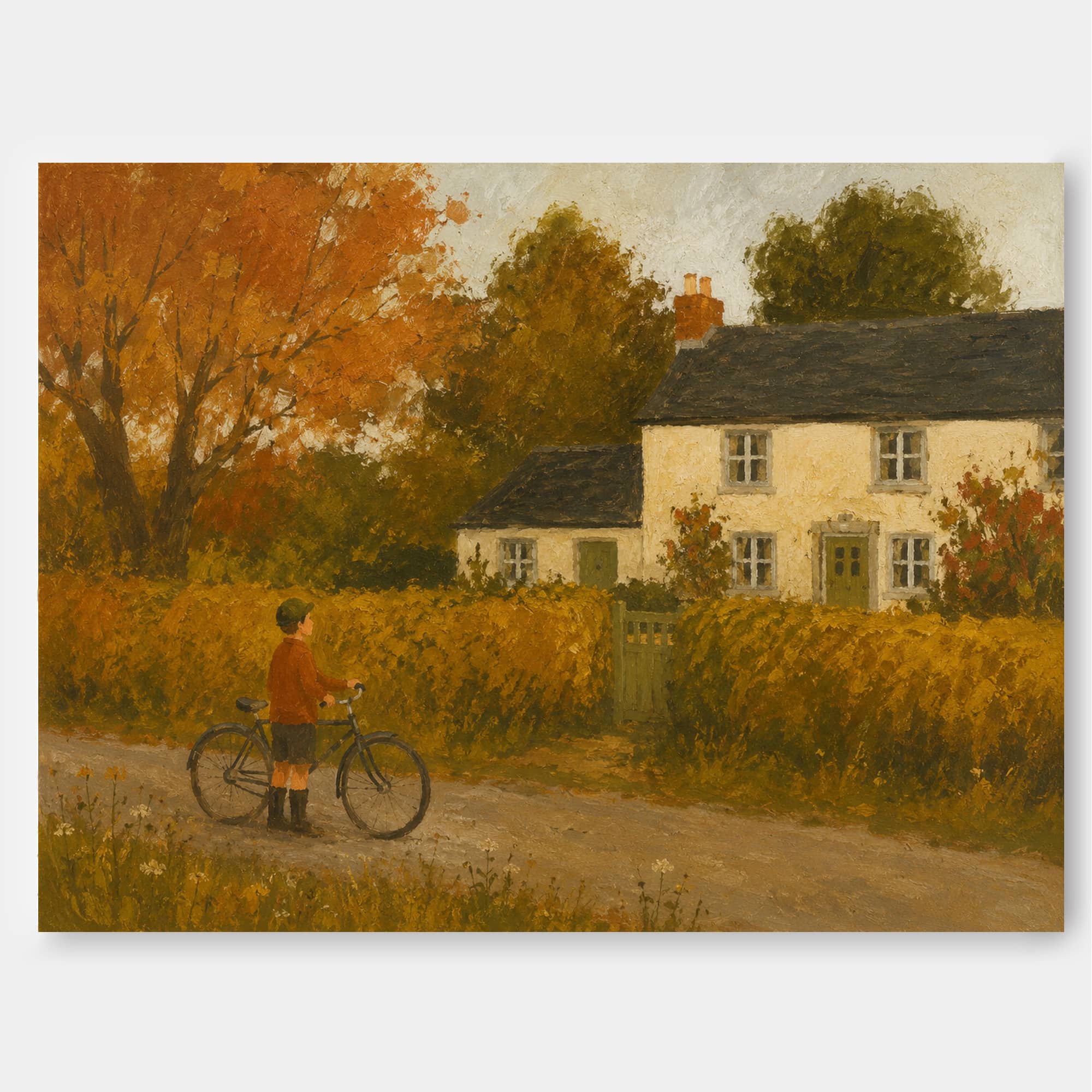 Nostalgic Rural Scene Original Canvas Painting In Classic Realist Style Boy With Bicycle Country Lane Hand-Painted Canvas Art In Golden Autumn Colors