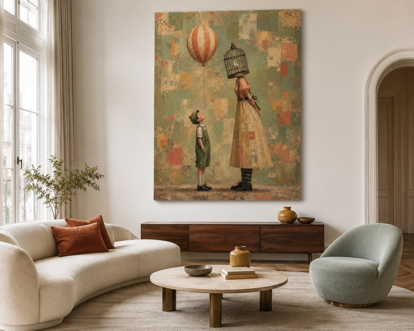 Birdcage Head Woman And Boy With Balloon Surreal Canvas Painting Vintage Style Artwork