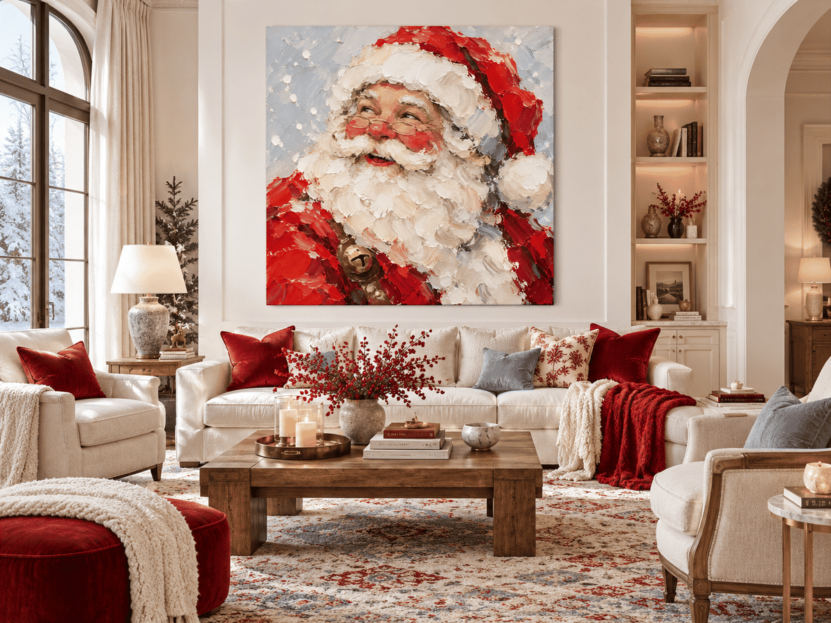 Hand-Painted Santa Claus Portrait With Gold Bell And Glasses Original Canvas Art