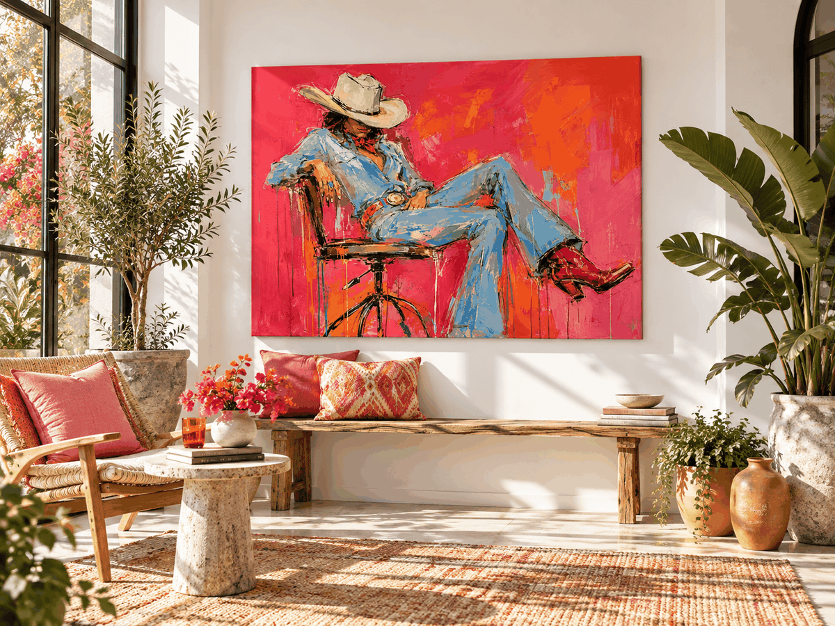 Vintage Modern Textured Art With High-Contrast Colors And Western Theme