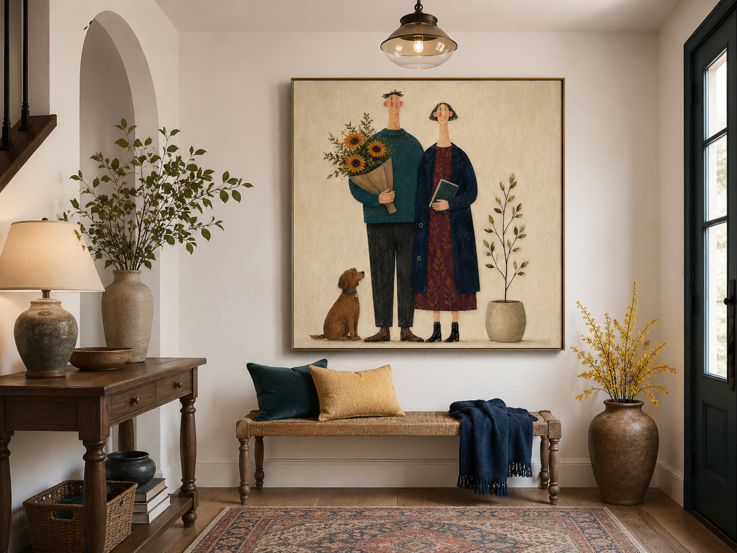 Square Organic Modern Art Featuring Couple And Pet In Earthy Colors Ideal For Bedroom Or Reading Nook Decoration