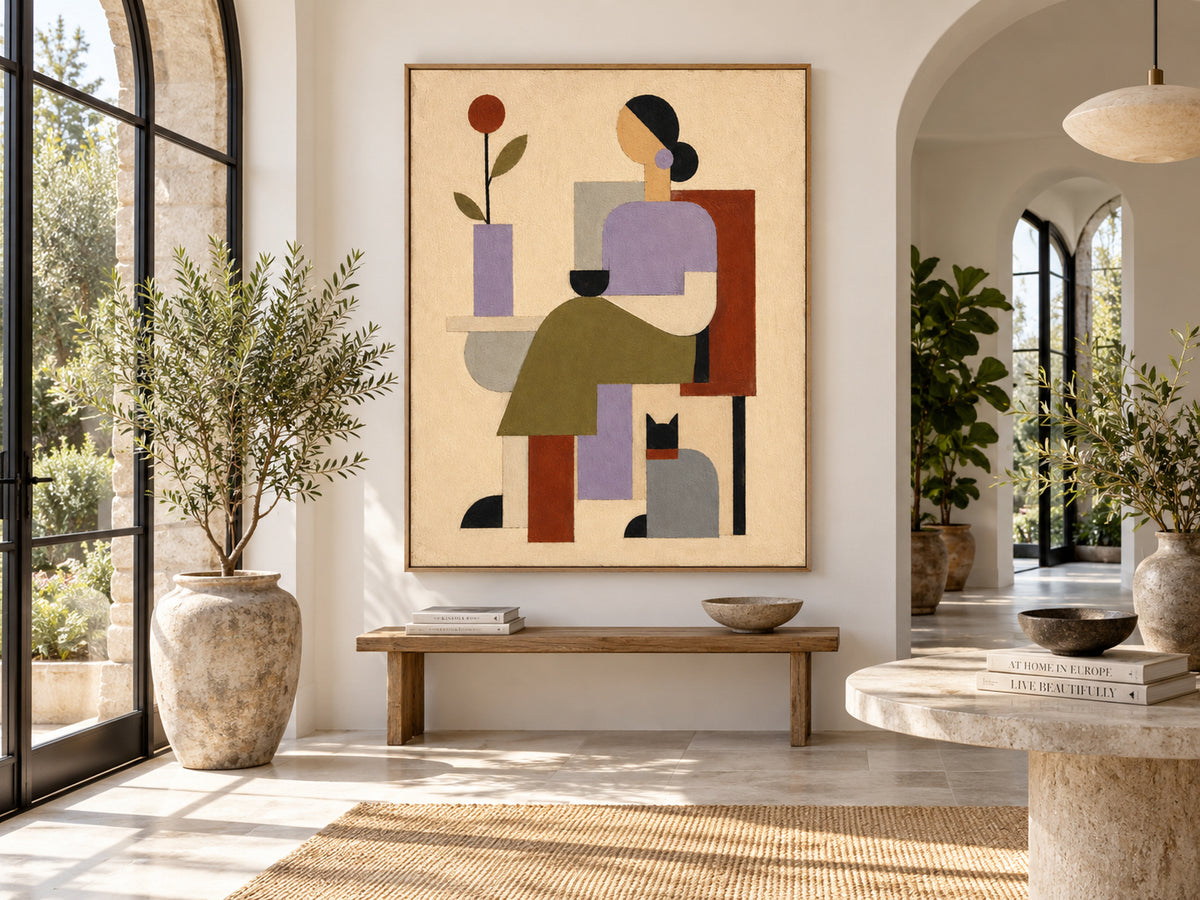 Woman And Cat Geometric Canvas Painting In Morandi Tones