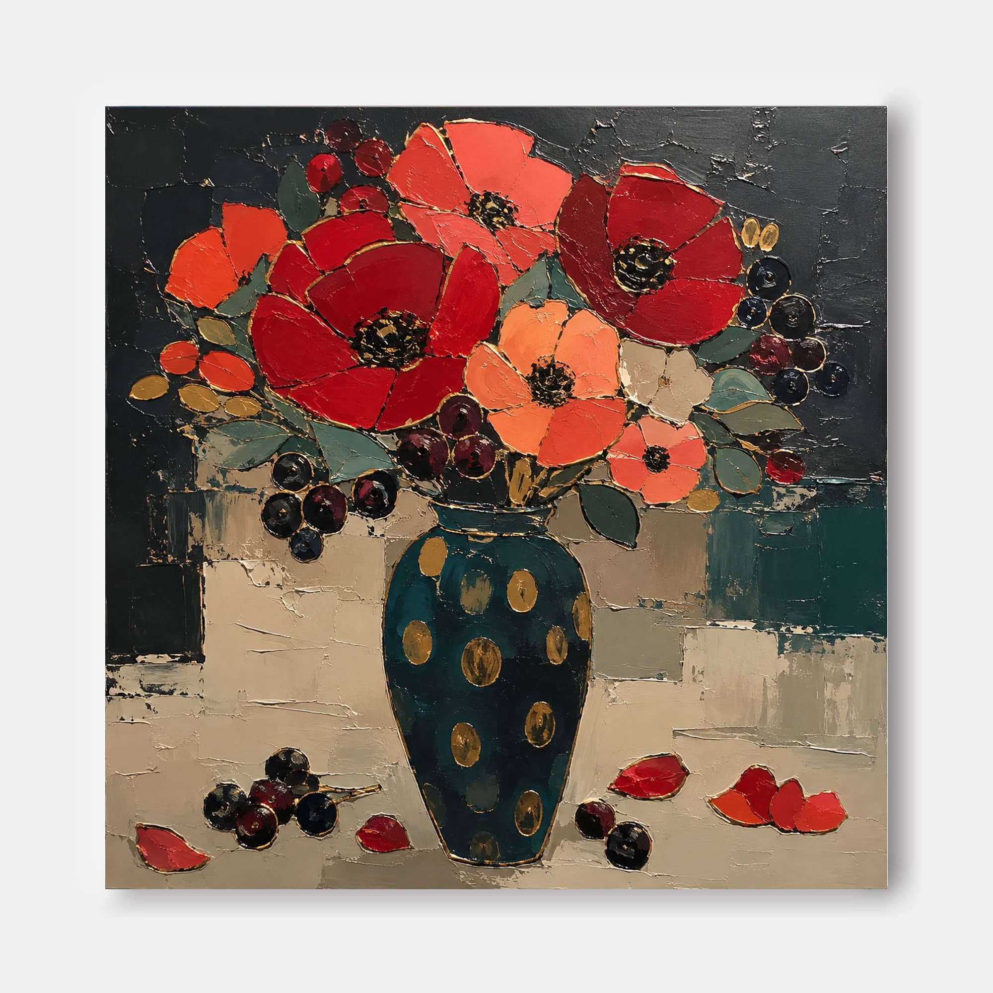 Hand-Painted Red Poppies And Teal Vase Abstract Floral Canvas Art With Gold Accents Abstract Expressionist Red Flower Painting With Impasto Technique And Vintage Charm
