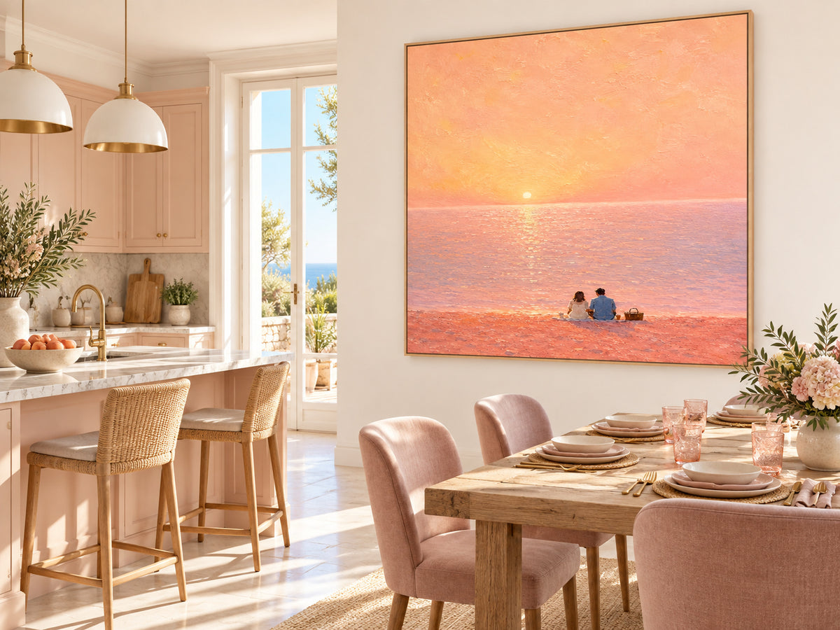 Romantic Couple Sunset Beach Hand-Painted Canvas Art In Pink And Gold Tones