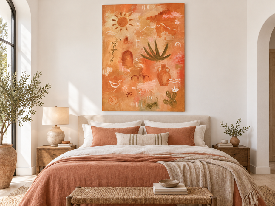 Modern Abstract Geometric Canvas Painting In Sandy Beige And Orange With Earthy Southwestern Aesthetic