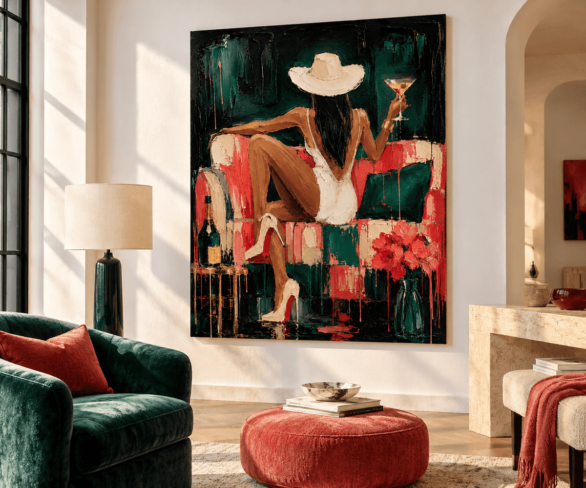 Elegant Woman In White Hat With Cocktail Modern Canvas Painting