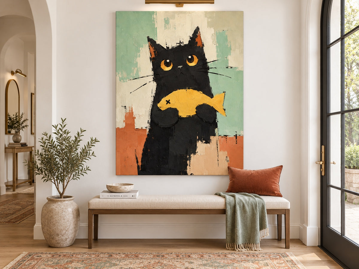 Minimalist Textured Cat Portrait Oil Painting Modern Abstract Home Decor