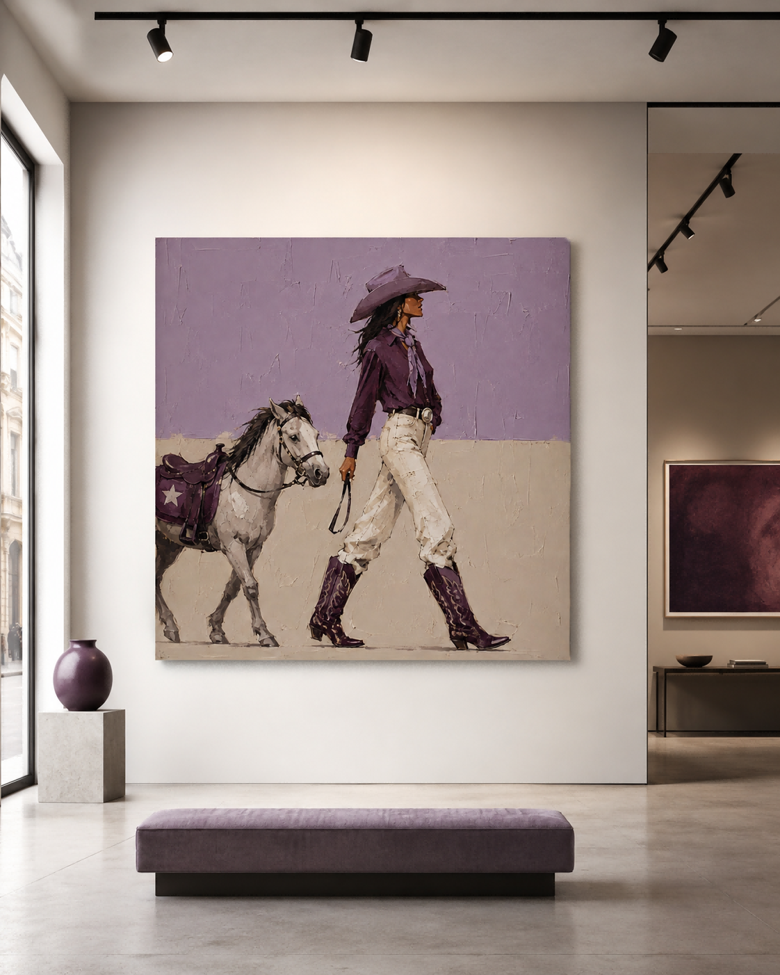 Modern Western Cowgirl Art With Horse Purple Beige Square Canvas For Living Room Decor