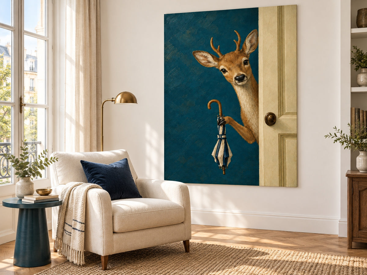 Modern Fantasy Deer Painting Teal Background Handmade Canvas Art