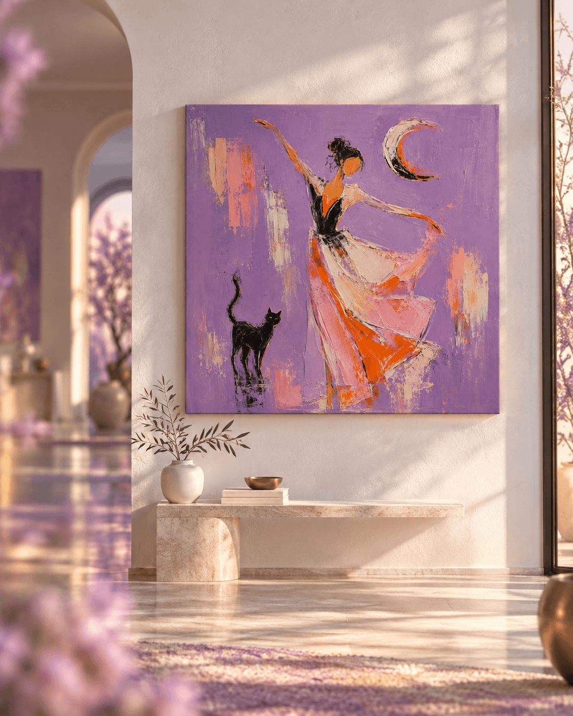 Dancing Woman With Black Cat Moon Abstract Canvas Painting