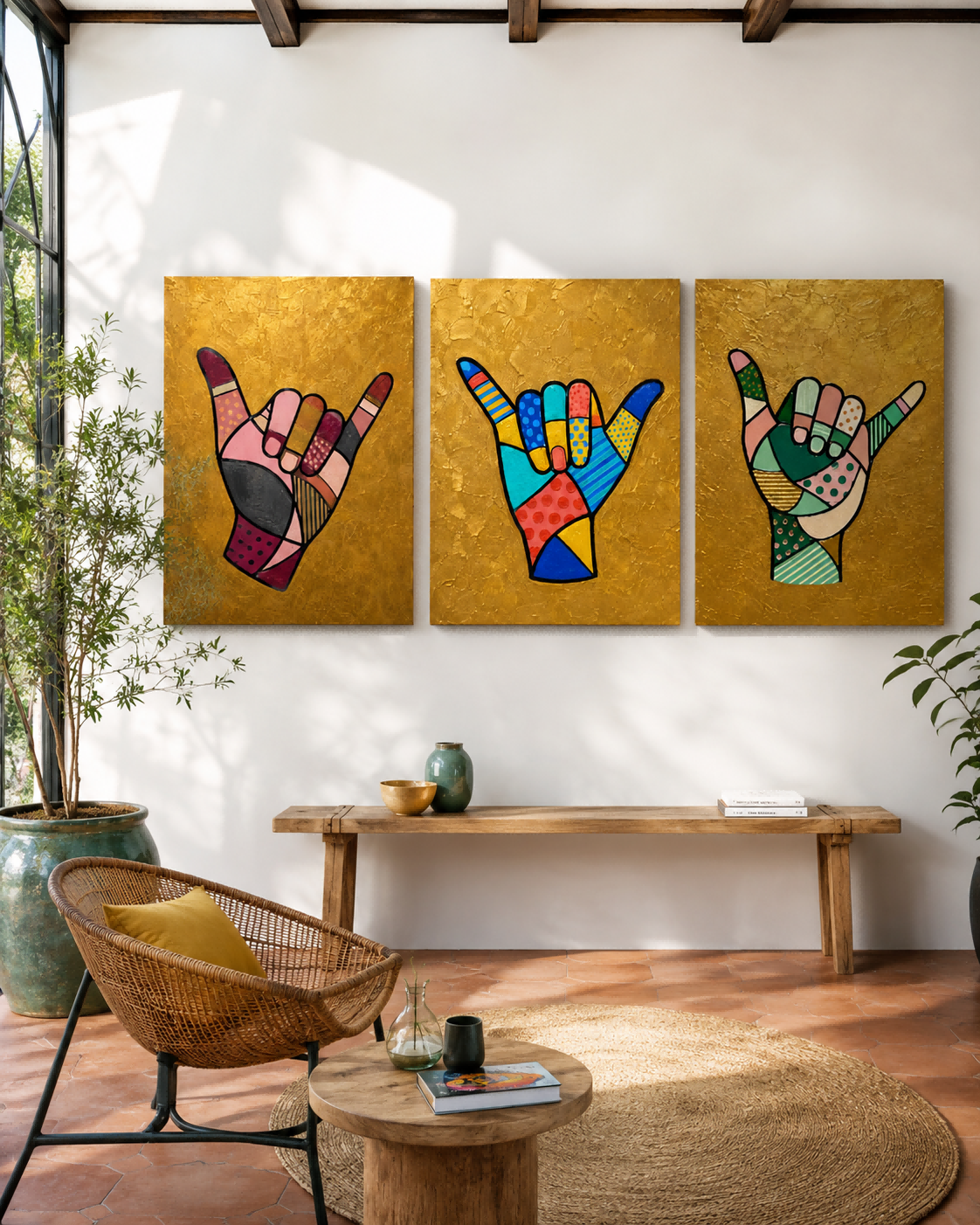 Modern Pop Art Triptych With Geometric Patterns And Textured Gold Finish