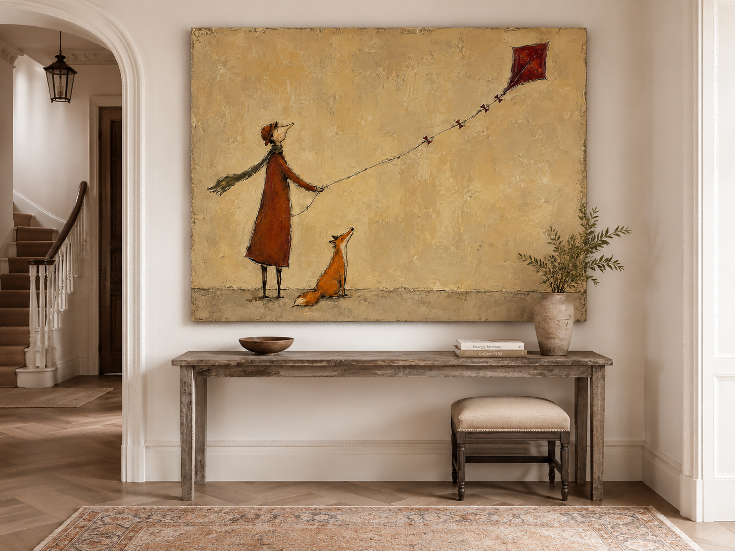 Hand-Painted Fox And Person With Red Kite Canvas Art For Home