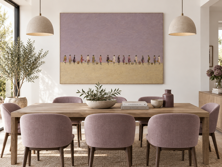 Hand-Painted Women With Baskets Minimalist Canvas Art In Purple And Beige