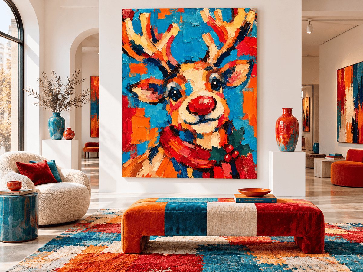 Hand-Painted Reindeer Canvas Art With Red Nose And Holiday Scarf Festive Holiday Wall Art For Living Room Modern Colorful Decor