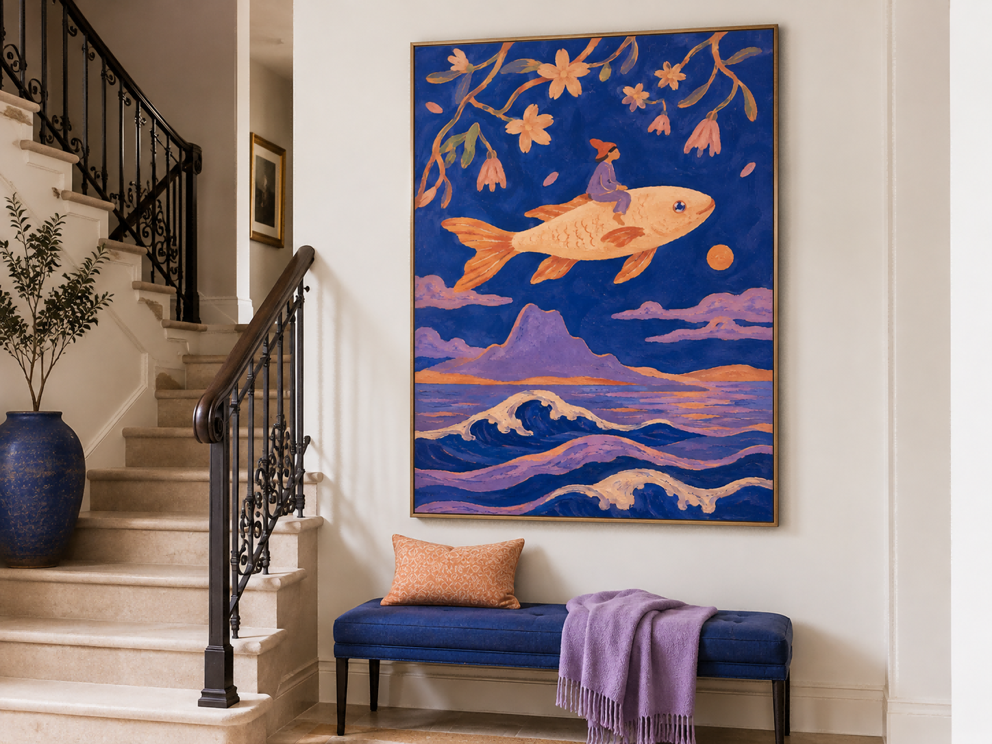 Art Deco Style Canvas Painting With Surreal Ocean Theme