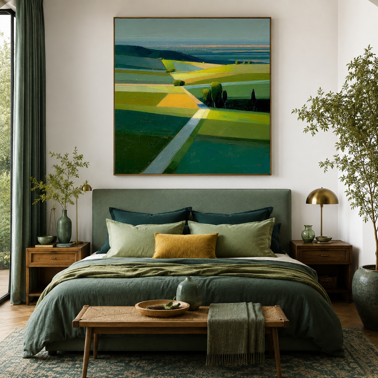 Modern Abstract Landscape Oil Painting With Textured Green And Orange Fields For Contemporary Home Decor