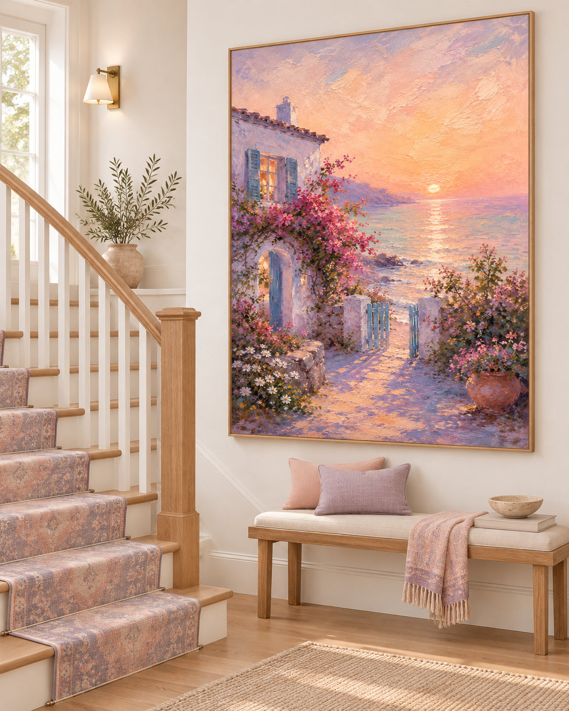 Mediterranean Sunset Cottage Hand-Painted Canvas Art With Pink Flowers