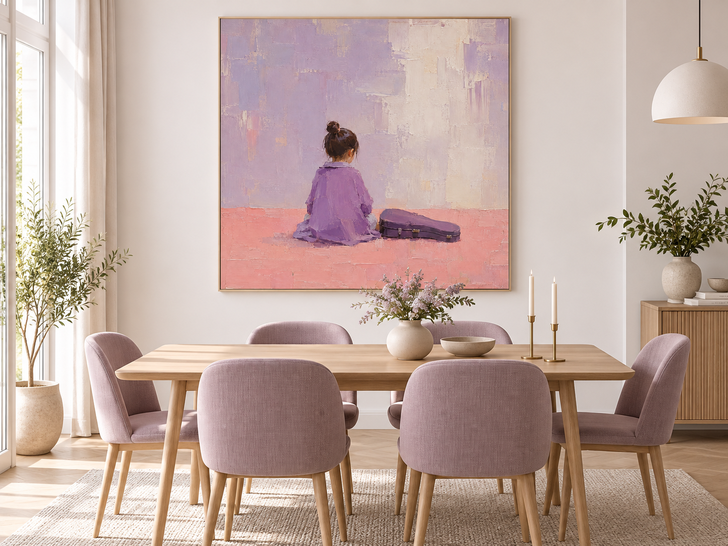 Abstract Modern Art With Girl Figure In Lavender And Blush Textured Canvas