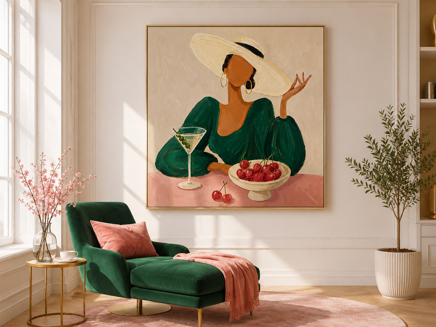 Stylish Female Figure Oil Painting With Martini Glass Ideal For Boutique Lounge And Bar Area Decoration