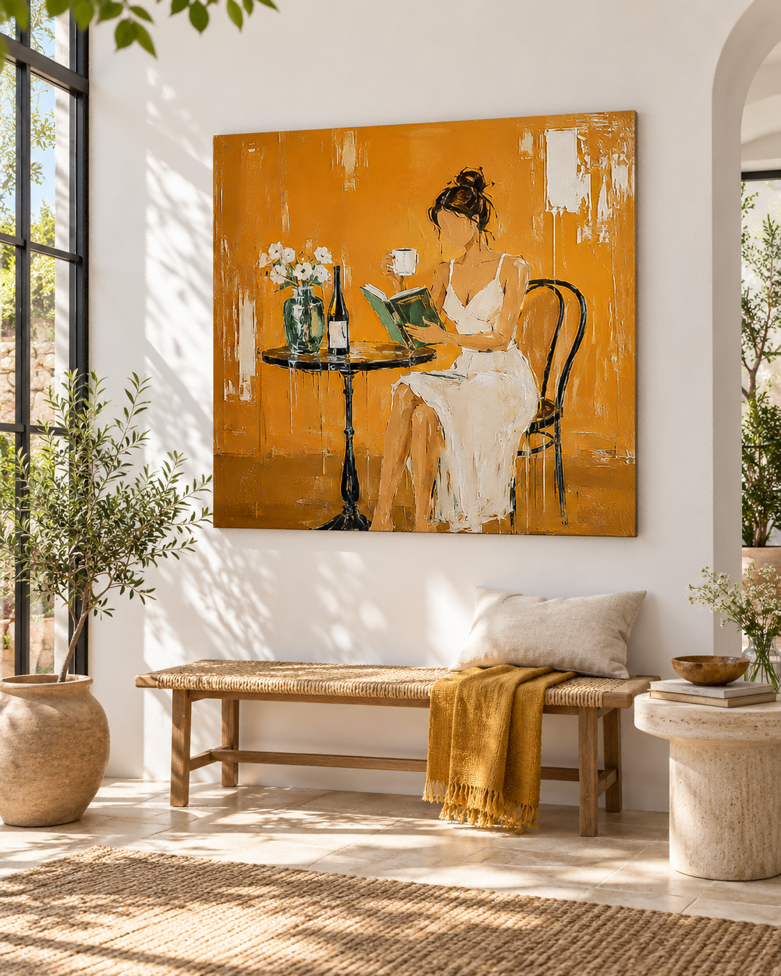 Textured Abstract Expressionist Oil Painting Minimalist Figure In Golden Light