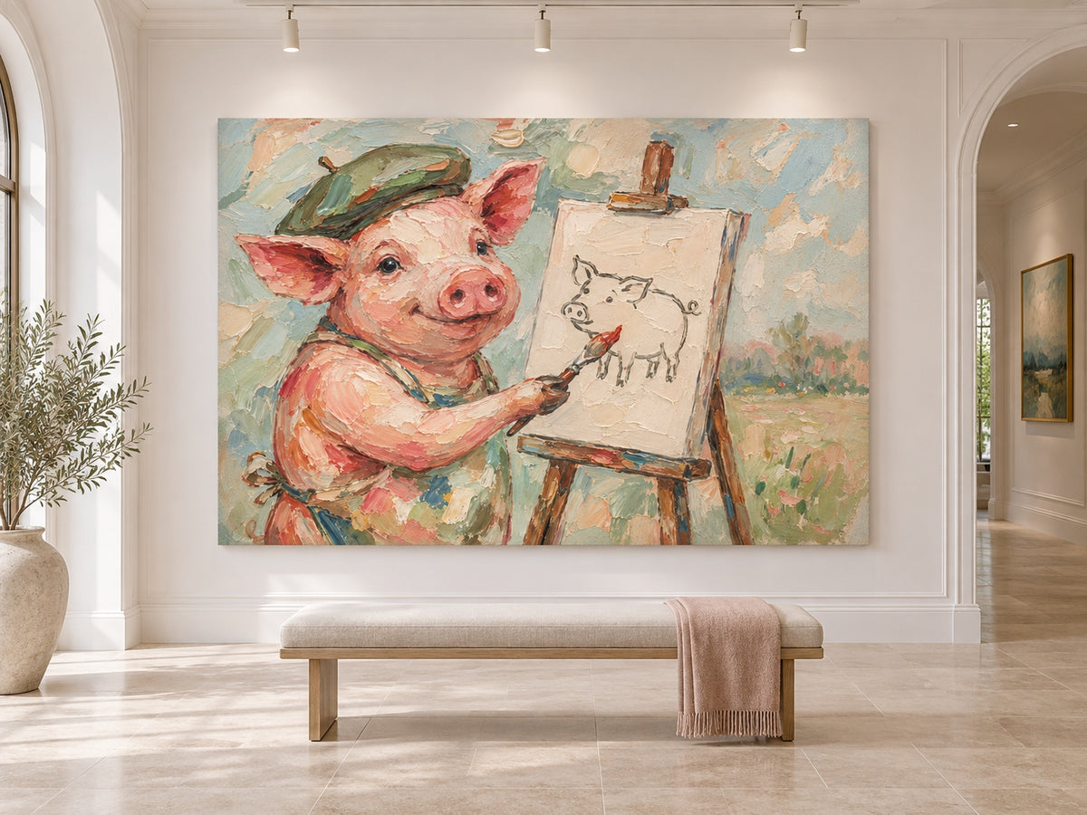 Textured Minimalist Cartoon Oil Painting Of A Creative Pink Pig