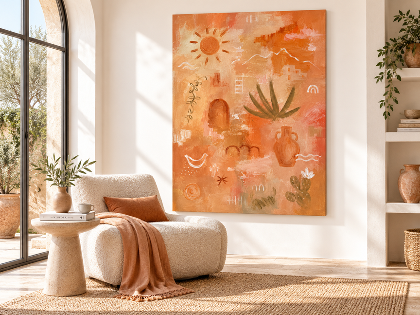 Modern Abstract Geometric Canvas Painting In Sandy Beige And Orange With Earthy Southwestern Aesthetic