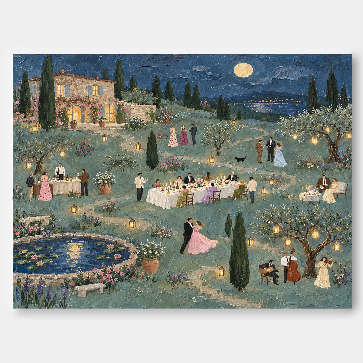Tuscan Villa Dinner Party Hand-Painted Canvas Wall Art With Moonlight And Garden