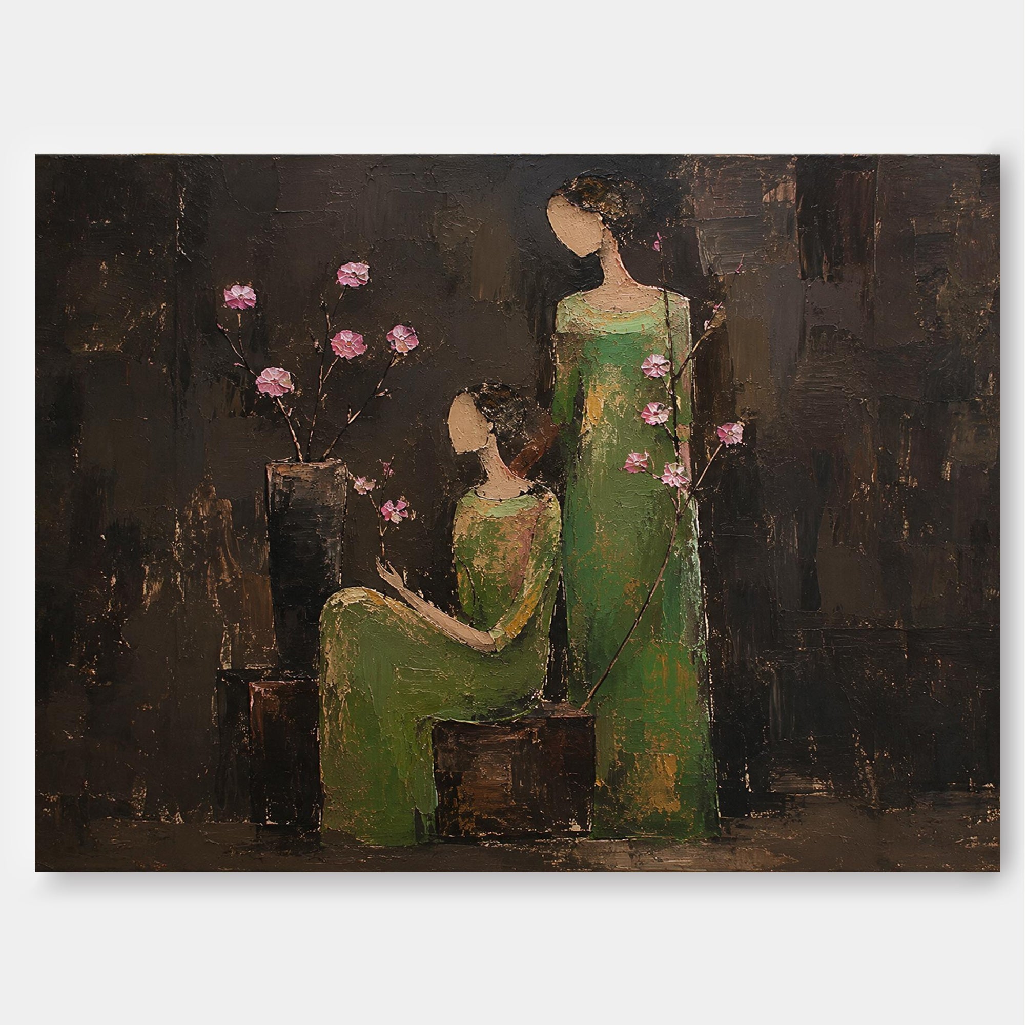 Vintage People Painting With Green Dresses And Pink Flowers For Living Room Wall Decor