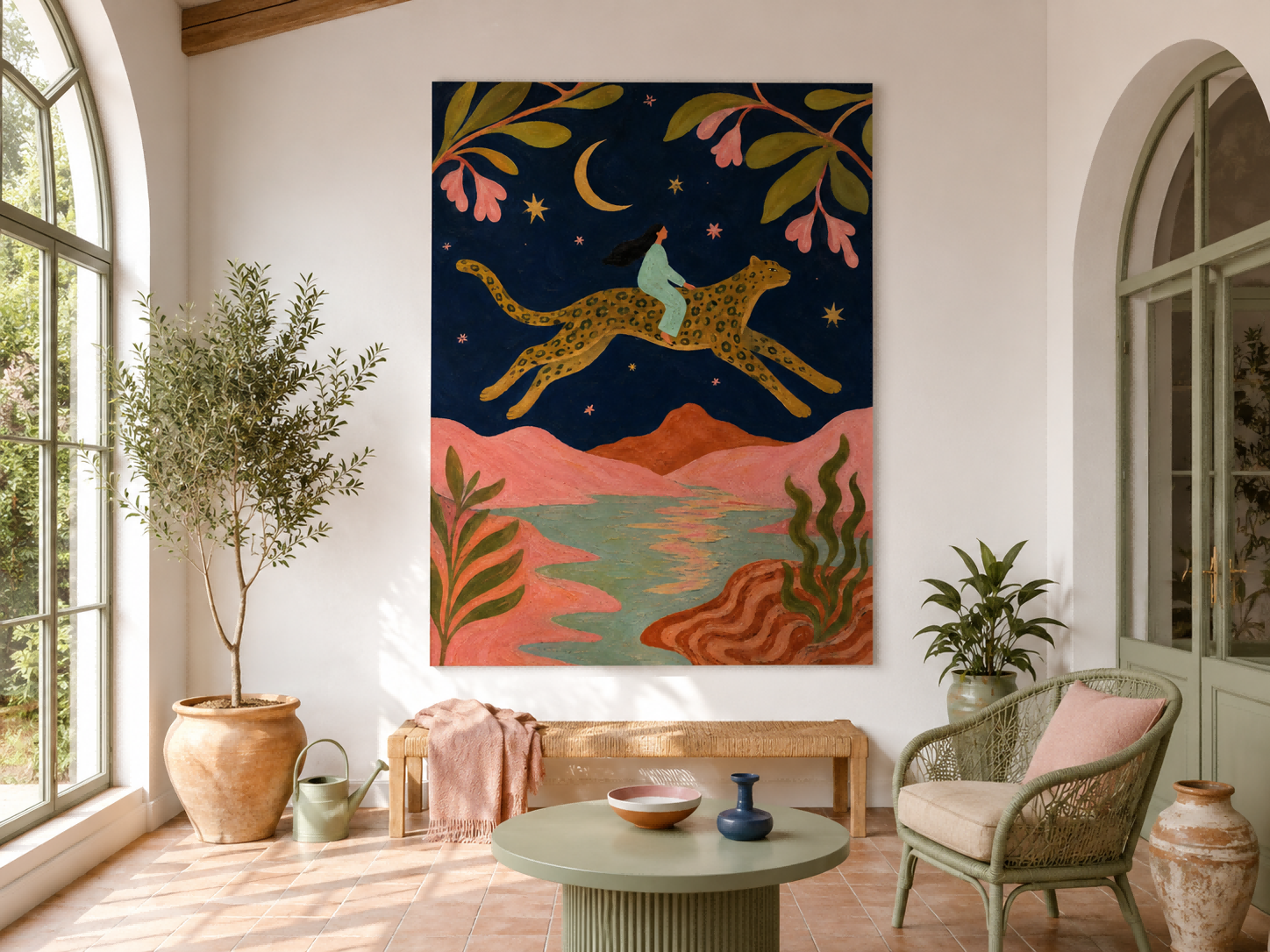 Art Deco Fantasy Painting With Leopard And Floral Motifs Original Canvas Artwork