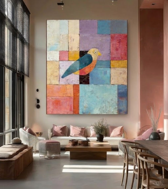 Colorful Geometric Bird Painting Original Oil Art For Modern Living Room Decor