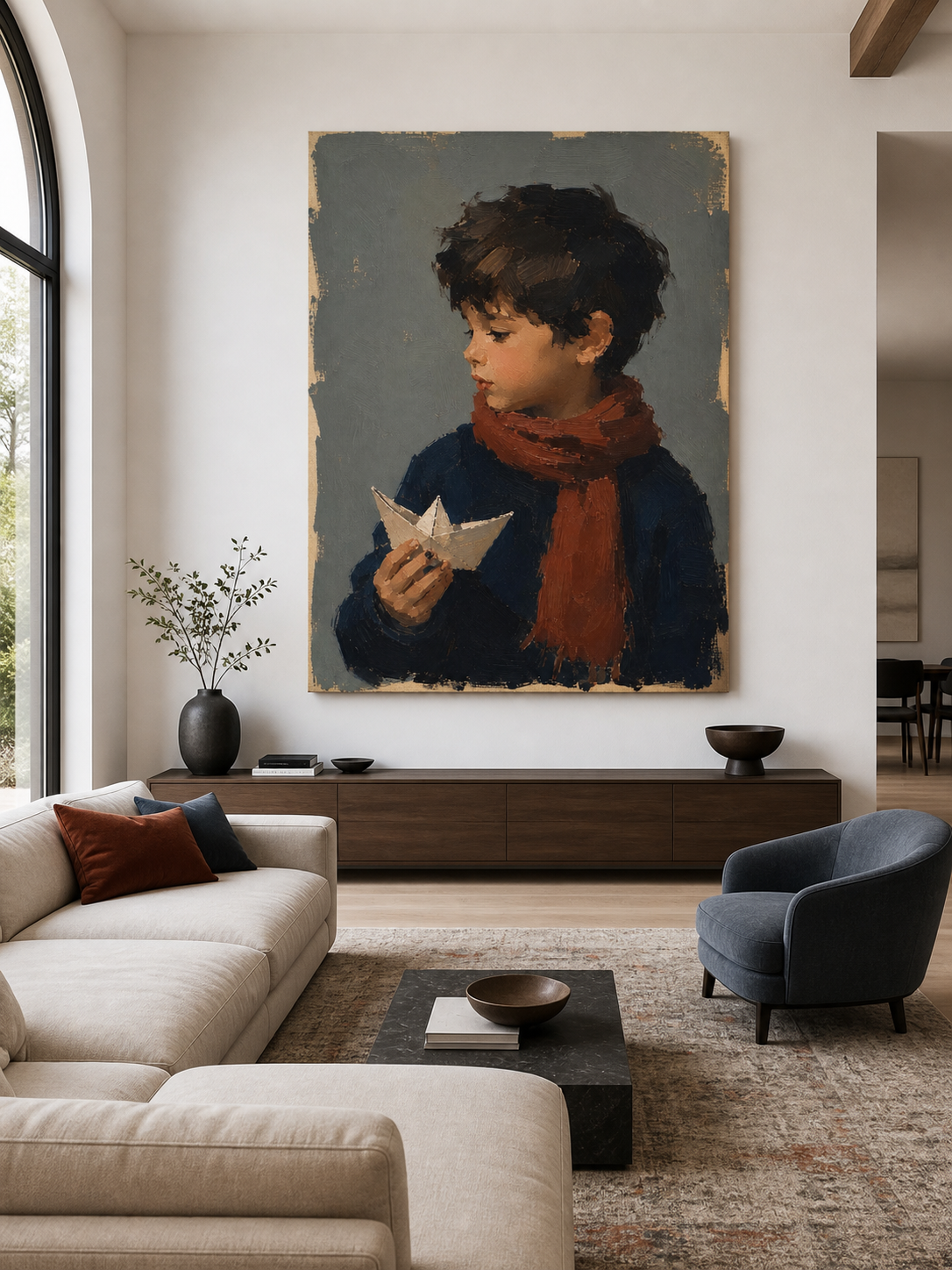 Vintage Kids Room Wall Art Boy Portrait With Red Scarf Original