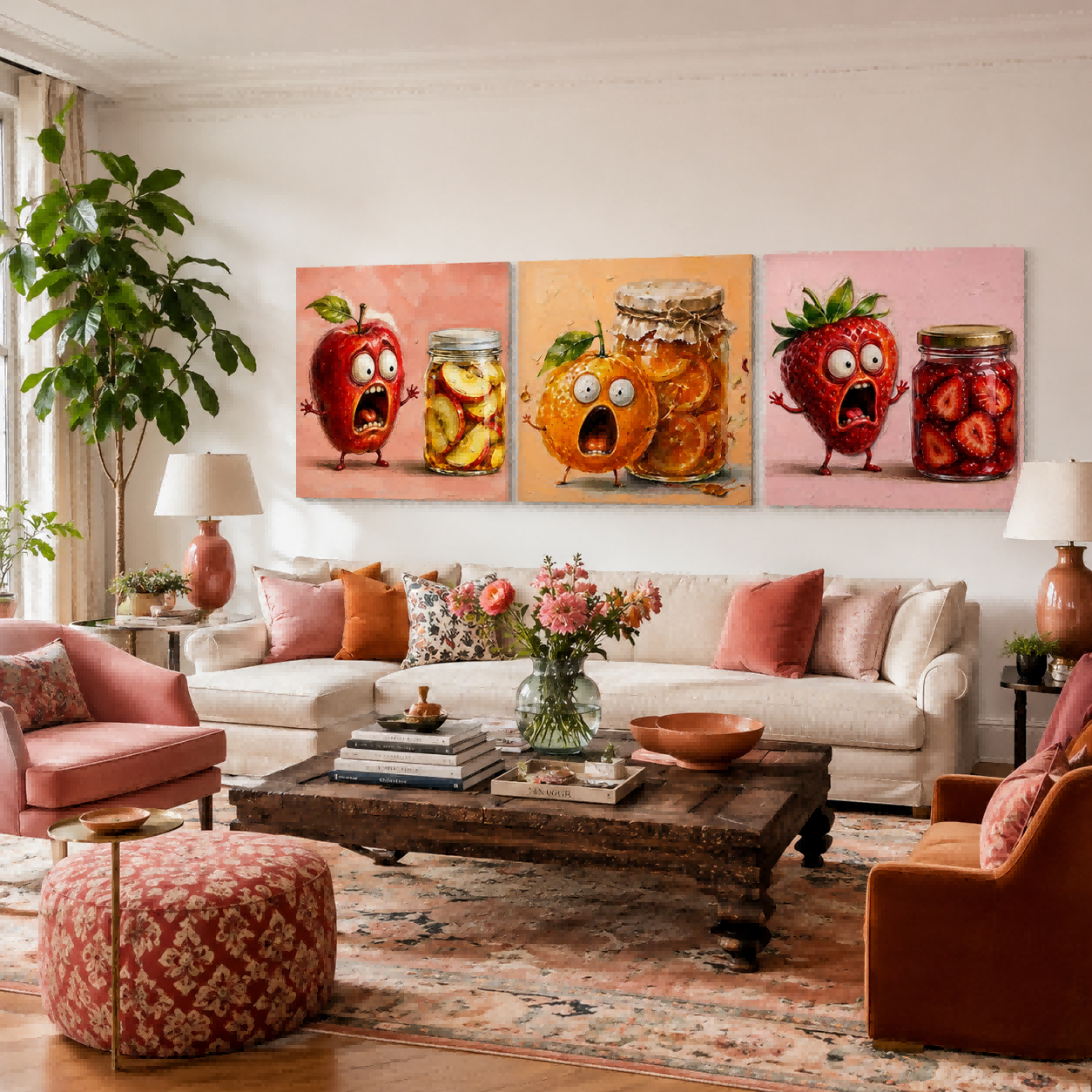 3P Square Original Unique Funny Fruit Art Triptych Perfect Gift For Food Lovers And Chefs