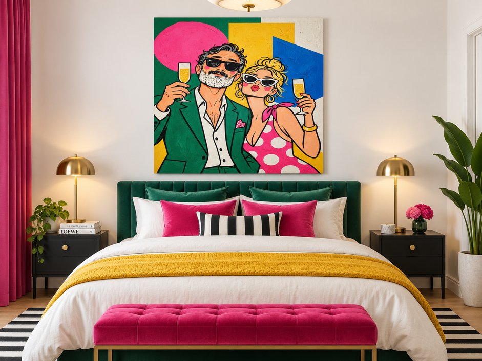 Stylish Couple Pop Art Canvas Painting With Champagne Glasses In Pink And Green