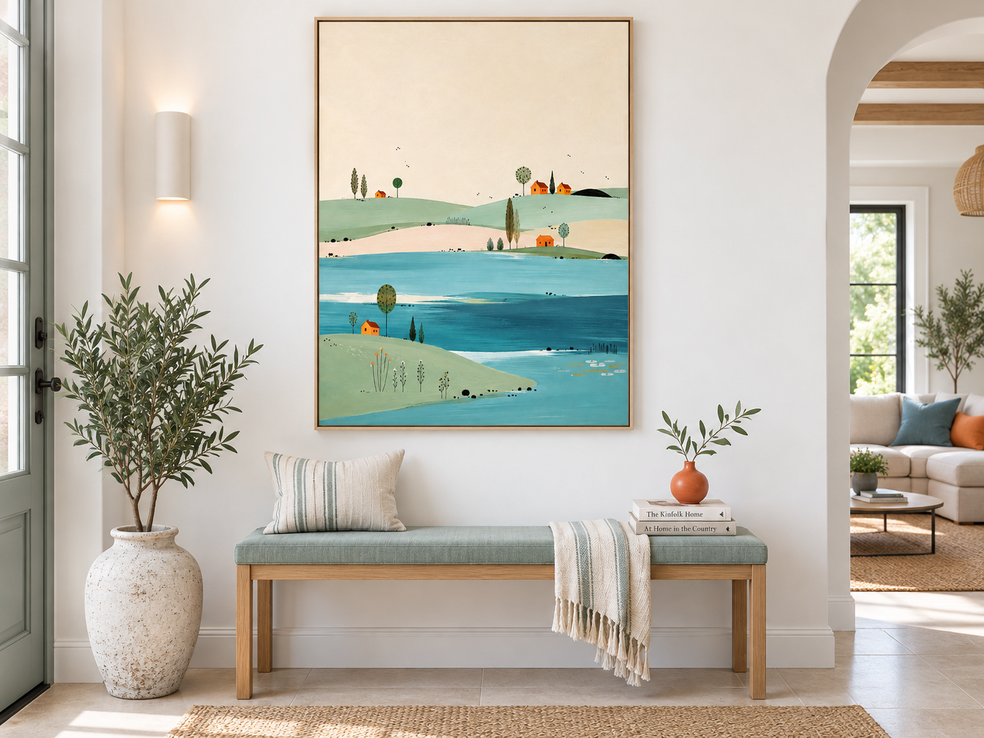 Minimalist Lake House Landscape Canvas Painting Hand-Painted Original Art