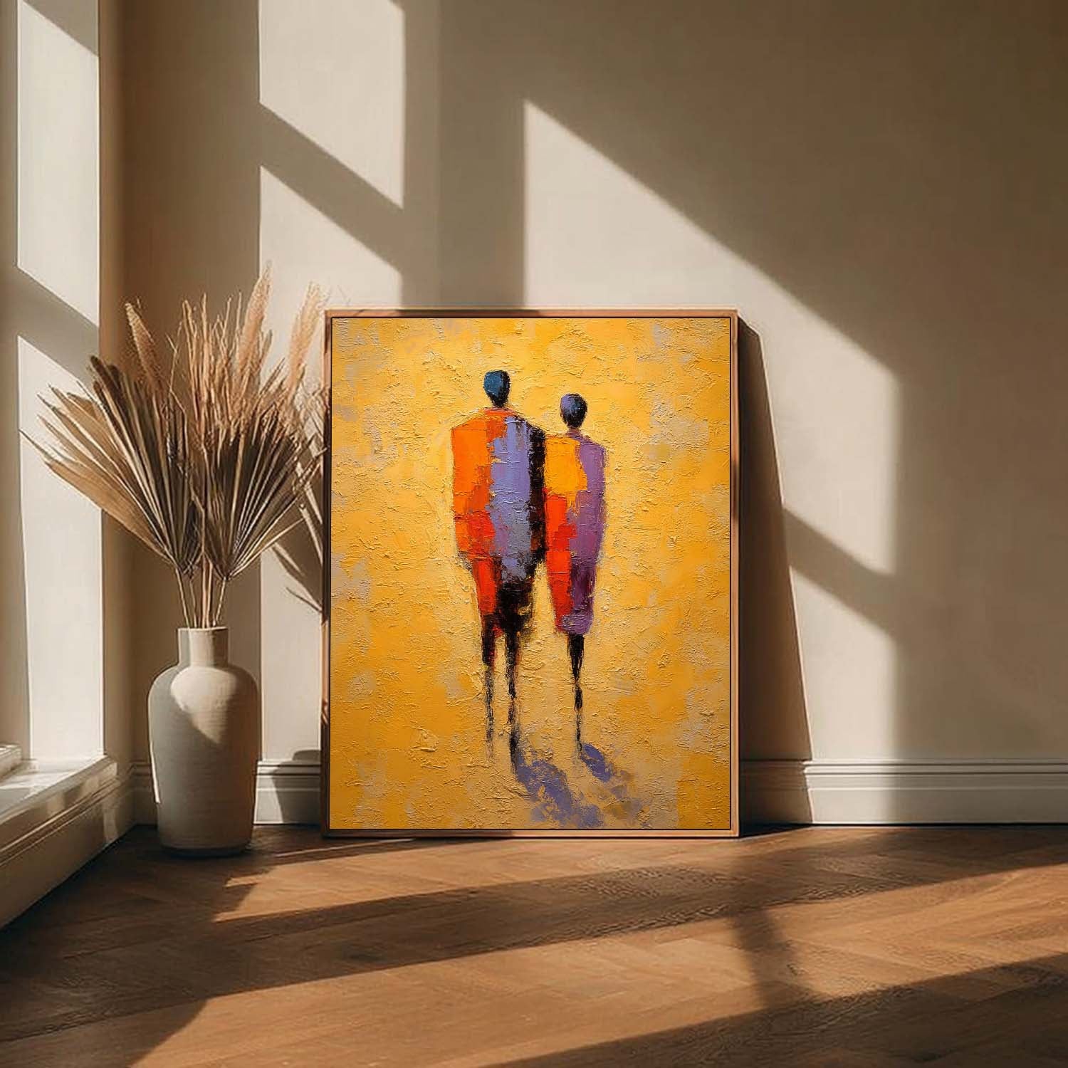 Abstract Oil Painting Couple Figure With Yellow Background Modern Wall Art Home Decor Original Handmade Artwork