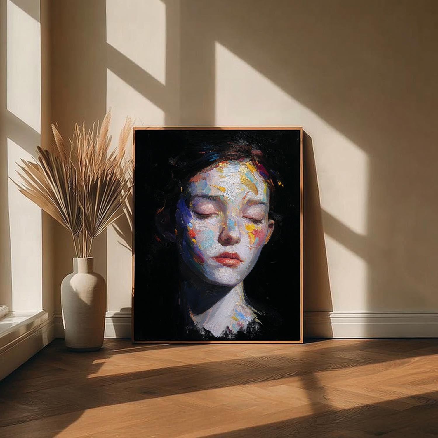 Original Expressive Abstract Portrait Painting Vibrant Colorful Splashes Bold Brushstrokes Contemporary Wall Art