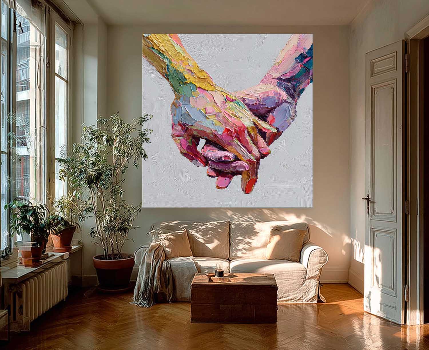 Abstract Colorful Wall Decor For Cozy Home Rainbow Geometric Hands Art Minimalist Yet Heartwarming Art Piece
