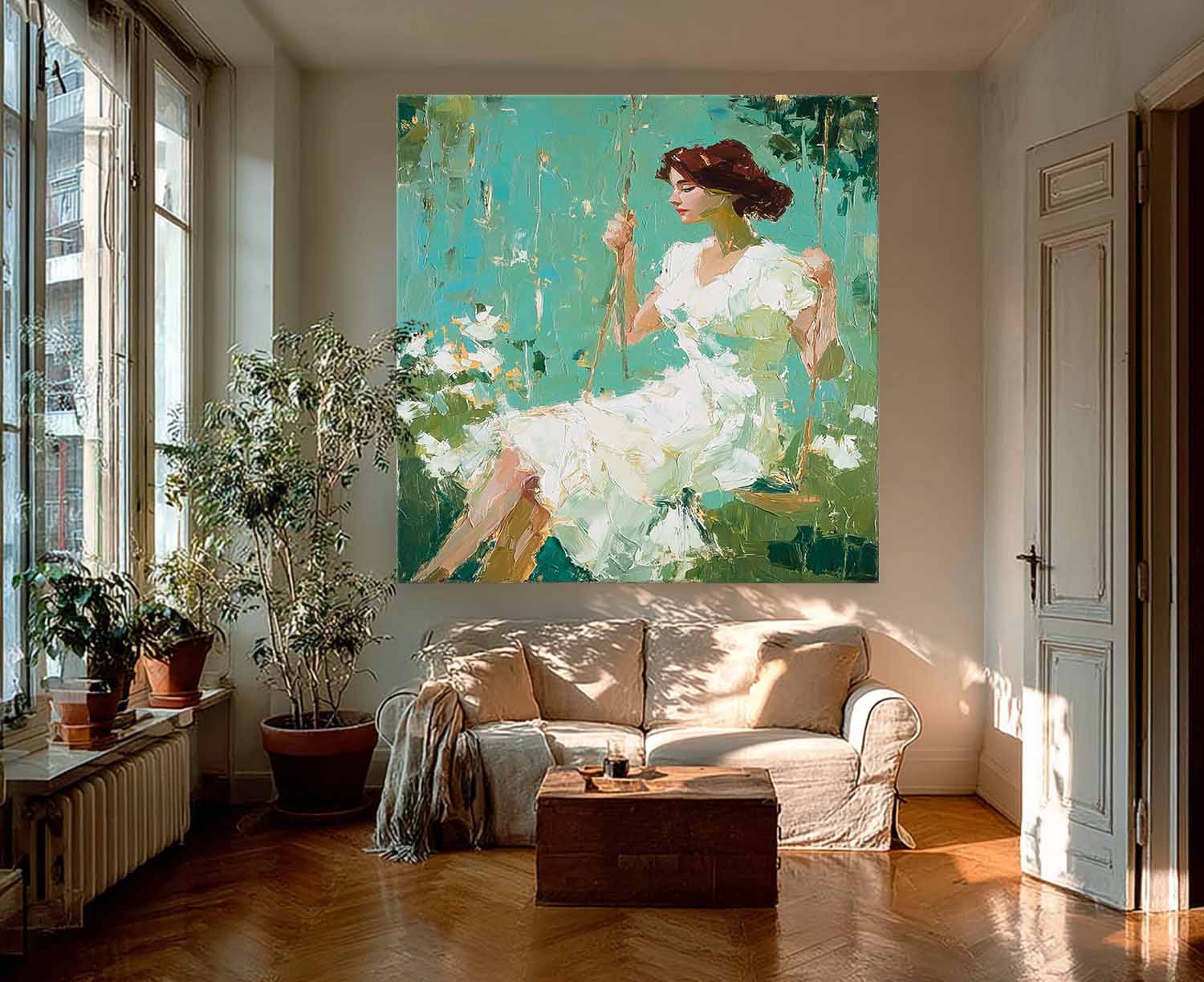 Green Impressionist Oil Painting Of Woman Sitting On Swing Floral Background Wall Art For Living Room